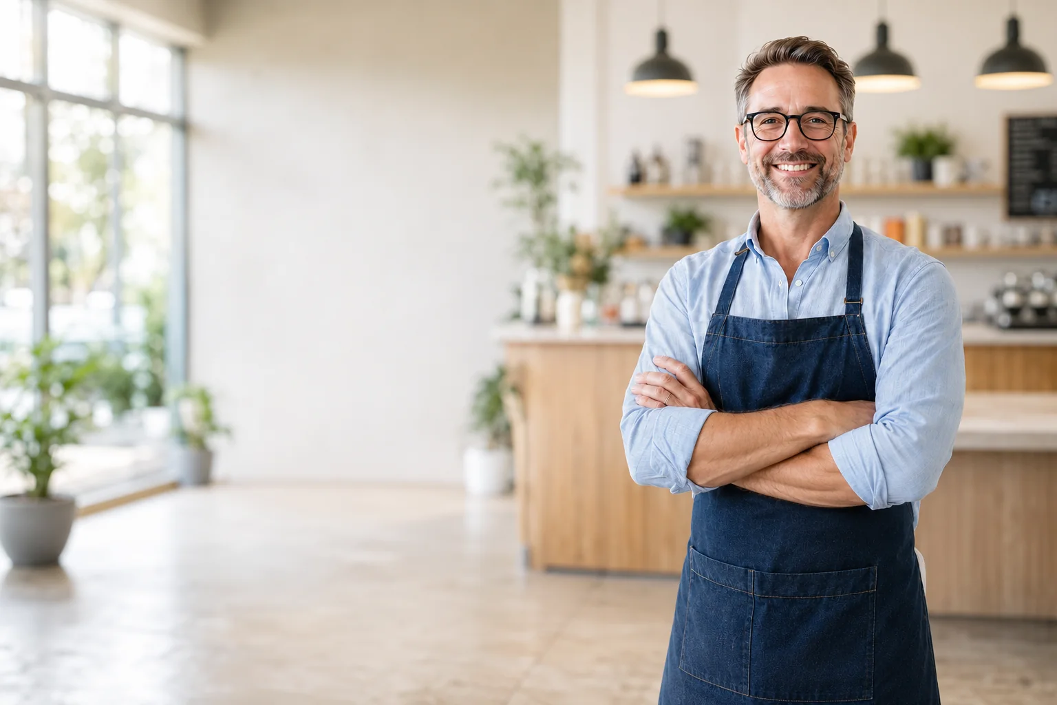 A smiling small-business owner standing in his bright workplace