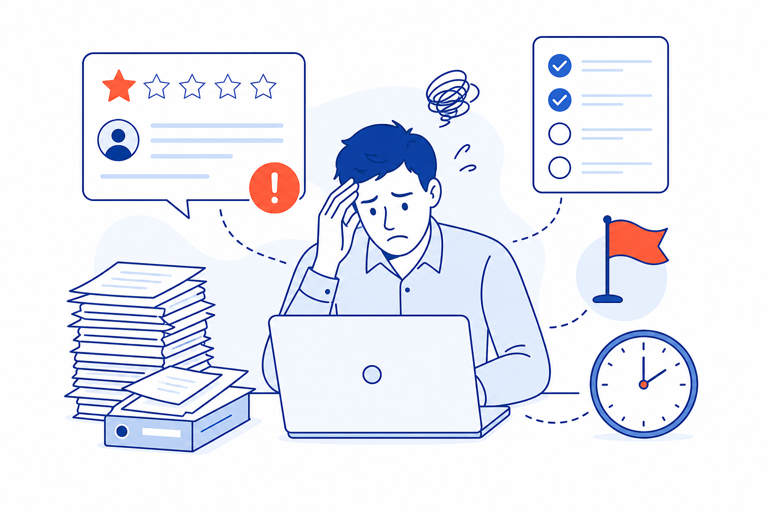 A business owner overwhelmed by monitoring and following up on a bad review